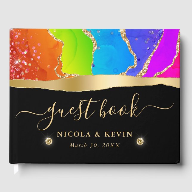Eleganter Regenbogen und Gold Glitzer Agate Weddin Gästebuch (Vorderseite)