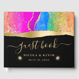 Eleganter Regenbogen und Gold Glitzer Agate Weddin Gästebuch
