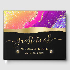 Eleganter Regenbogen und Gold Glitzer Agate Weddin Gästebuch