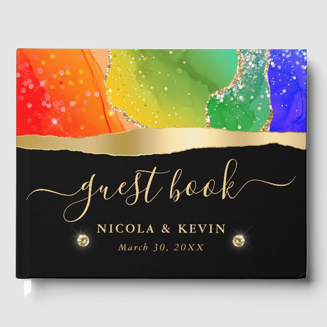 Eleganter Regenbogen und Gold Glitzer Agate Weddin Gästebuch (Vorderseite)