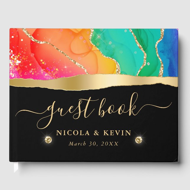Eleganter Regenbogen und Gold Glitzer Agate Weddin Gästebuch (Vorderseite)