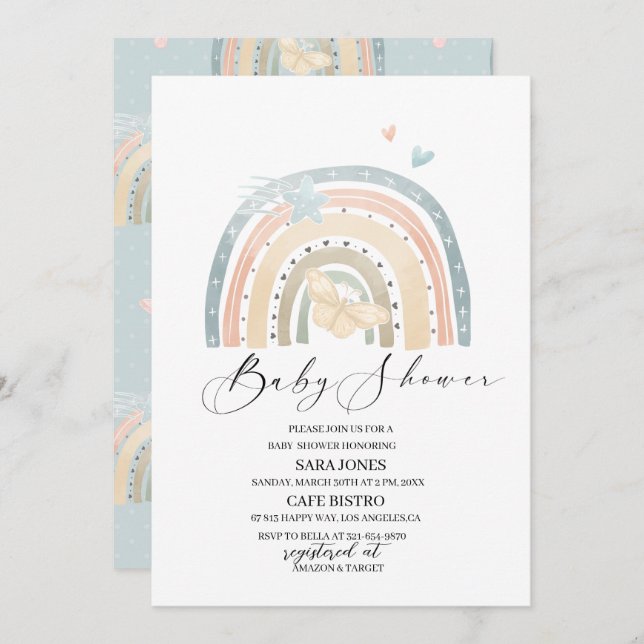 Eleganter Regenbogen und Schmetterling Einladung (Vorne/Hinten)