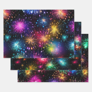 Eleganter Regenbogenfeuerwerk auf schwarzem Hinter Geschenkpapier Set