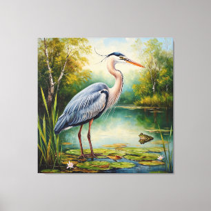 Eleganter Reiher in einem ruhigen Teich umgeben vo Leinwanddruck