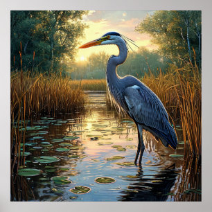 🌿 Eleganter Reiher Sumpfgebiet Nebeliger Sumpf Na Poster
