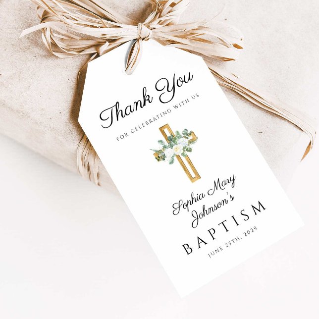 Eleganter religiöser Blumenkreuz Vielen Dank Geschenkanhänger (Elegant Religious Cross Floral Baptism Thank You Gift Tags)