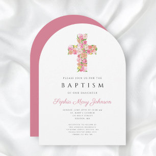 Eleganter religiöser rosa floraler Kreuz-Taufbogen Einladung