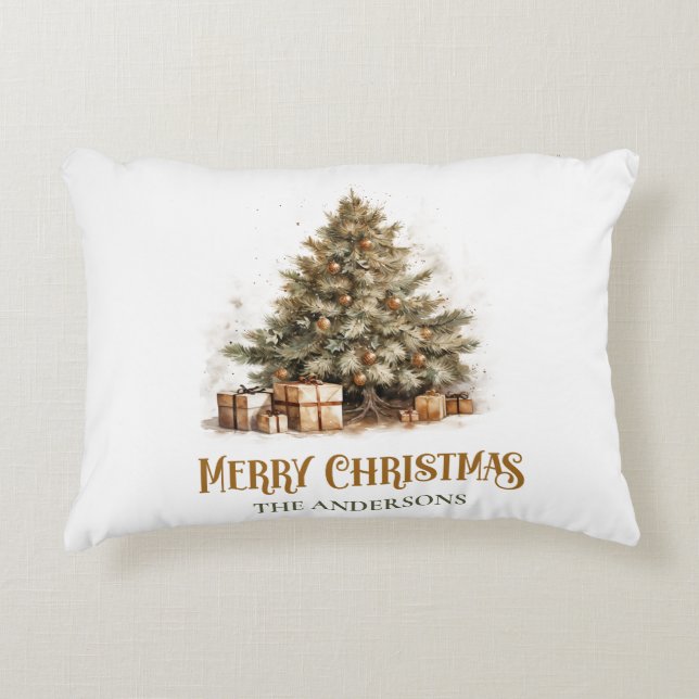 Eleganter Retro-Grün und goldener Weihnachtsbaum, Dekokissen (Vorderseite)