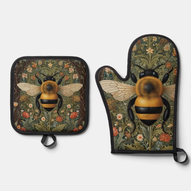 Eleganter Retro-Hummel boho botanische Blüte Ofenhandschuh & Topflappen-Set (Vorderseite)