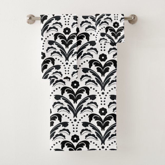 Eleganter Retro Kunst-Deko-Schwarzweiss-Damast Badhandtuch Set (Insitu)