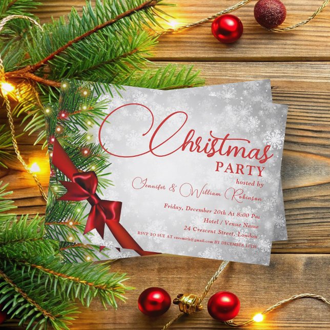 Eleganter Ribbon & Pine Silver Xmas Urlaub Einladung (Elegant Ribbon & Pine Silver Xmas Holiday Invitation)
