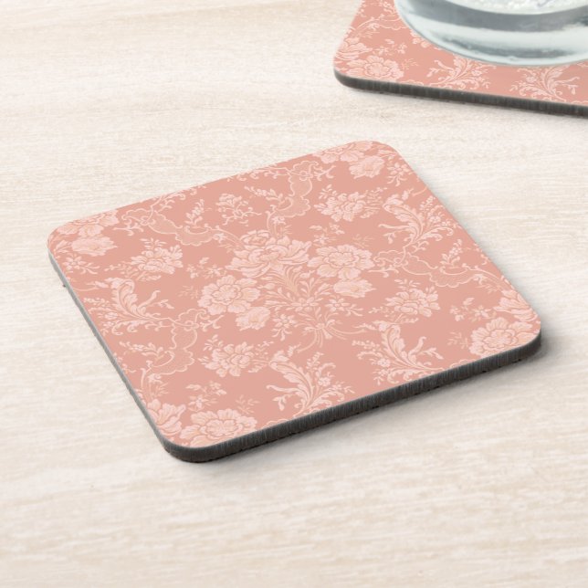 Eleganter Romantischer Chic Floral Damask Peach Getränkeuntersetzer (Linke Seite)