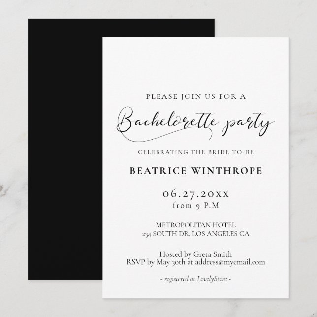Eleganter romantischer Kalligraphie-Junggeselinnen Einladung (Vorne/Hinten)