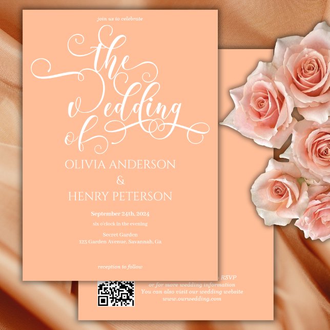 Eleganter Romantischer Peach Wedding QR Code Einladung (Von Creator hochgeladen)