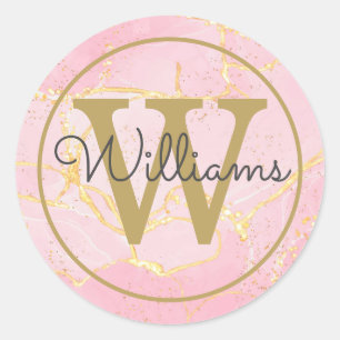Eleganter rosa Achat-Geode Gold-Monogramm Schrift Runder Aufkleber