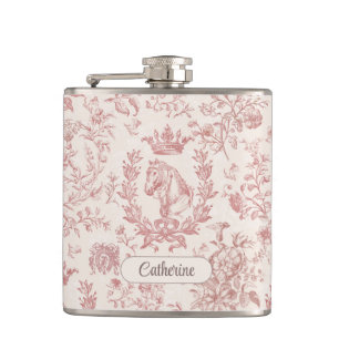 Eleganter Rosa Beiger Reitsport Floral Toile Name Flachmann