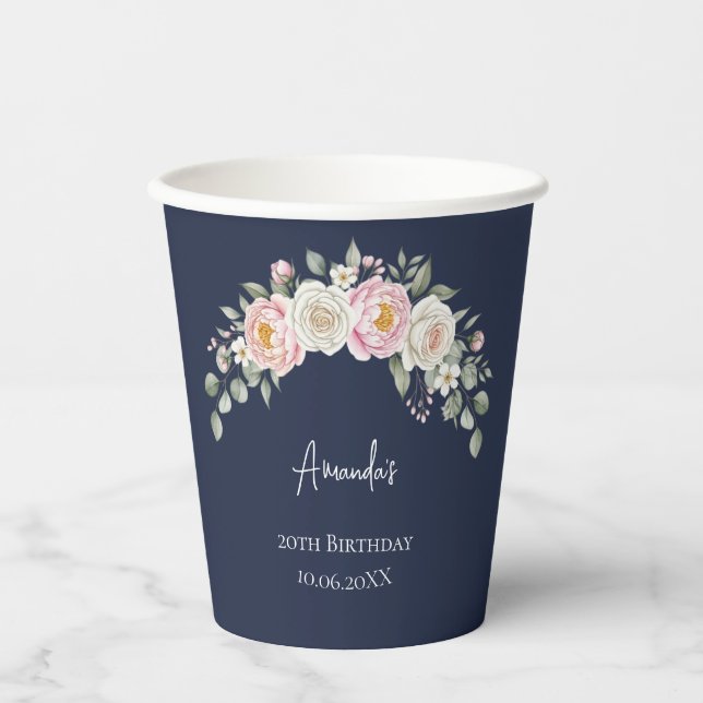 Eleganter Rosa Blumen Einwegbecher mit Personalisi Pappbecher (Vorderseite)