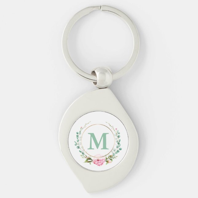 Eleganter Rosa Blumenkranz mit Monogramm Schlüsselanhänger (Vorderseite)