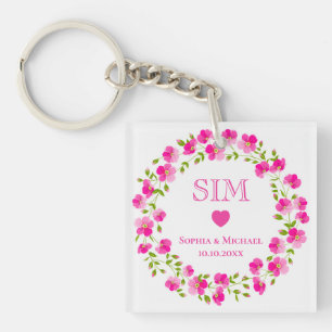 Eleganter rosa Blumenkranz Monogramm Hochzeitsgesc Schlüsselanhänger