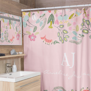Eleganter rosa blumenmonogramm-Name personalisiert Duschvorhang