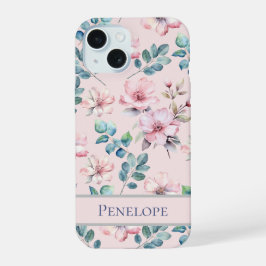 Eleganter rosa Blumenmuster - Beispiel für das Tel iPhone 15 Hülle