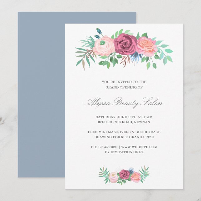 Eleganter rosa Blumensalon Grand Opening Einladung (Vorne/Hinten)