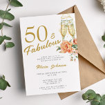 Eleganter rosa Blumenstrauß 50 sagenhafte 50. Gebu Einladung<br><div class="desc">Moderne Imitate goldene angesagte Kalligraphie Drehbuch 50 und sagenhafte Jahre Weiß Geburtstagsfeier mit Champagnerflöten und rosa beige pfirsichfarbenen Rose.</div>