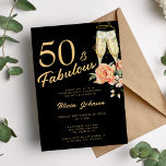 Eleganter rosa Blumenstrauß 50 sagenhafte 50. Gebu Einladung<br><div class="desc">Moderne Imitate goldene trendige Kalligraphie Drehbuch 50 und sagenhafte Jahre schwarze Geburtstagsfeier mit Champagnerflöten und rosa beige pfirsichfarbenen Rose.</div>