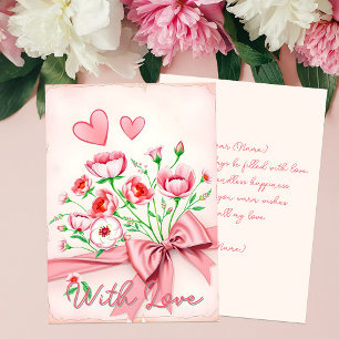 Eleganter rosa Blumenstrauß mit Herzen und Band Karte