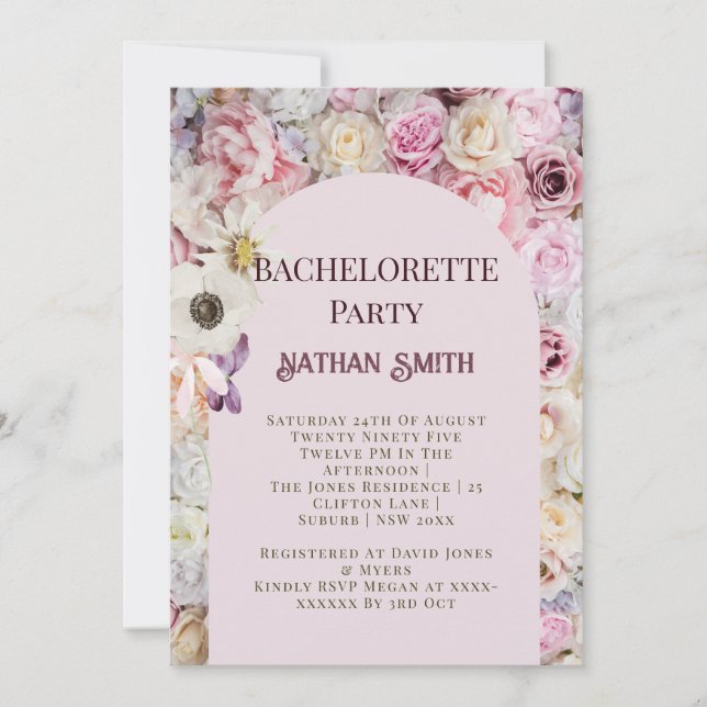 Eleganter Rosa Blumenstrauß Sommer-Junggeselinnen- Einladung (Vorderseite)