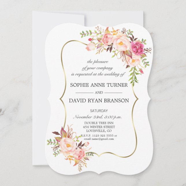 Eleganter Rosa Blush Bloral Gold Rahmen Hochzeit Einladung (Vorderseite)