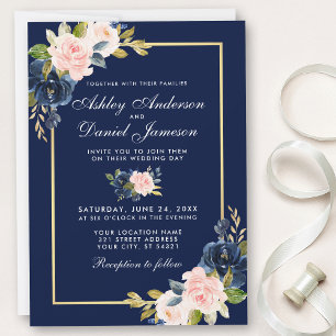 Eleganter Rosa Blush Blue Floral Wedding Gold Rahm Einladung