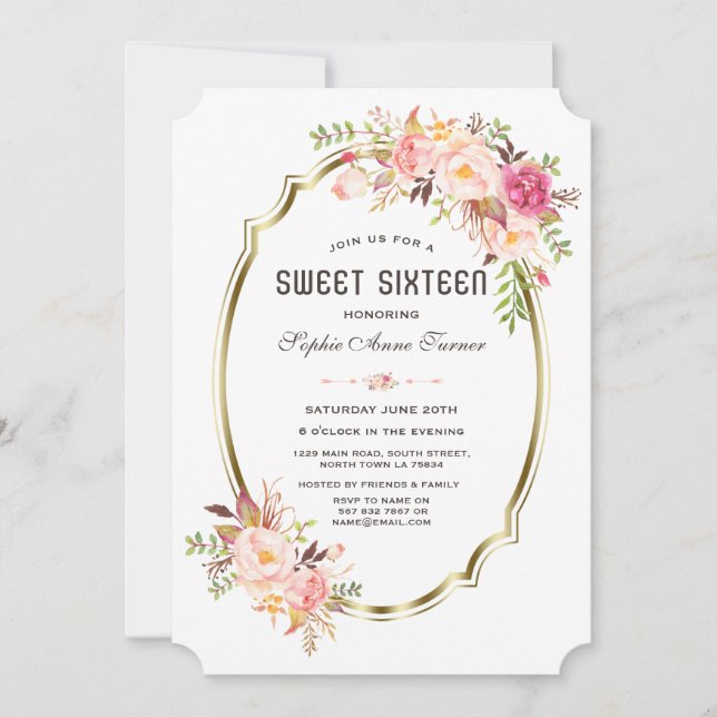 Eleganter Rosa Blush Blues Gold Frame Sweet 16 Einladung (Vorderseite)
