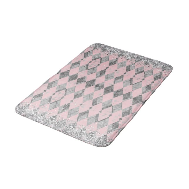 Eleganter Rosa Blush Silver Harlequin Glitzer Badematte (Schrägansicht)
