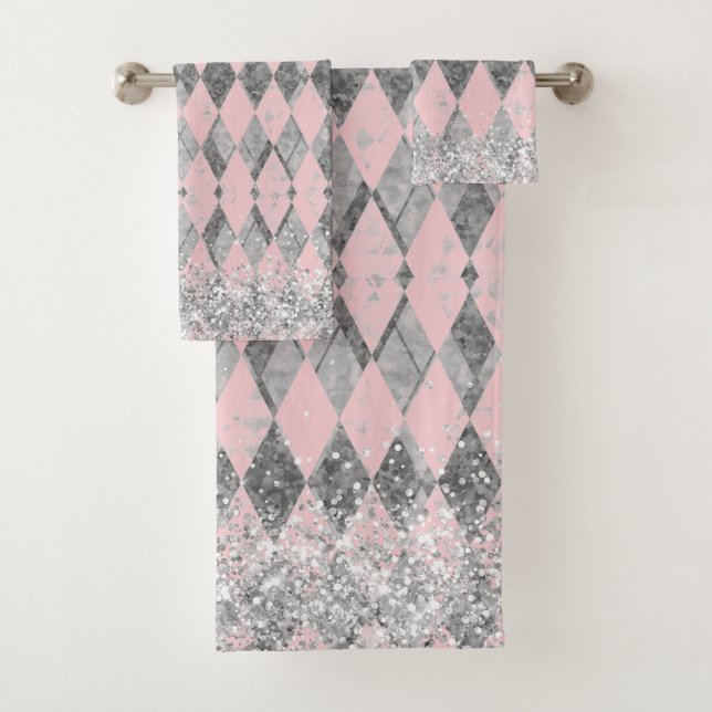 Eleganter Rosa Blush Silver Harlequin Glitzer Badhandtuch Set (Insitu)