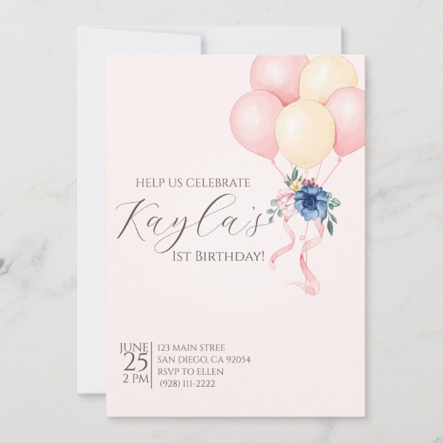 Eleganter rosa Blütenballon zum ersten Geburtstag Einladung (Vorderseite)
