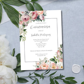Eleganter rosa Blütensilber-Grenze Quinceañera Einladung