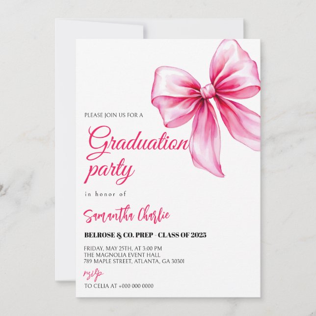 Eleganter rosa Bow-Abschluss Einladung (Vorderseite)