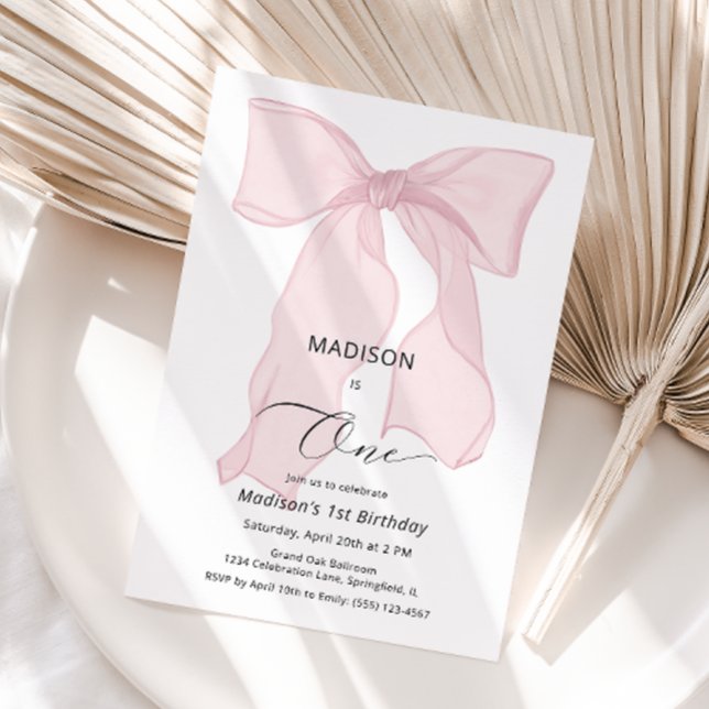 Eleganter rosa Bow Erster Geburtstag Einladung (Von Creator hochgeladen)