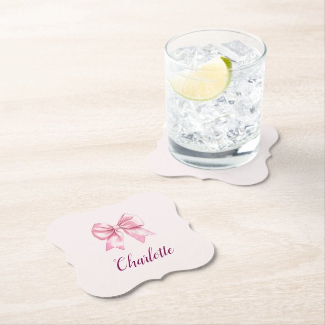 Eleganter rosa Bow & Name Personalisiert Paper Unt Untersetzer (Vor Ort)