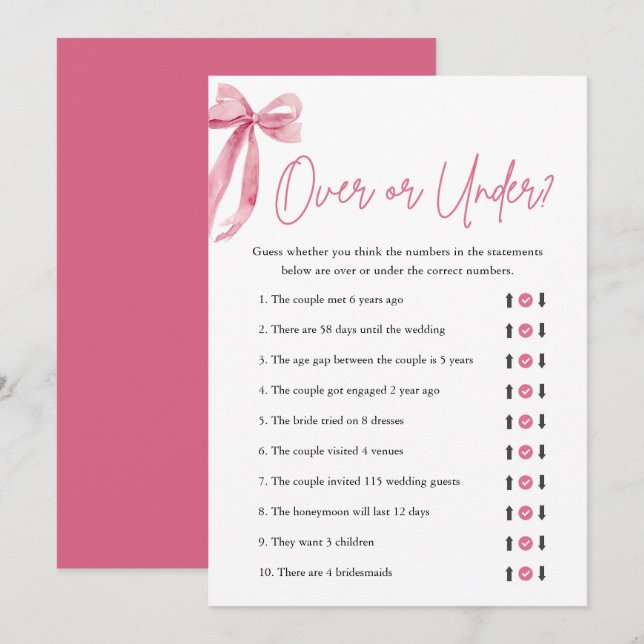 Eleganter rosa Bow Over oder Under Brautparty Game Einladung (Vorne/Hinten)