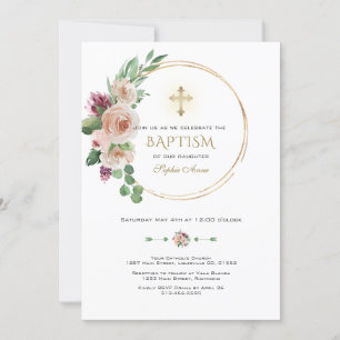 Eleganter rosa Champagner Floral Gold Cross Taufe Einladung