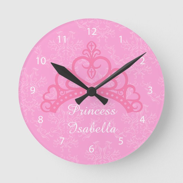 Eleganter rosa Damaske, Prinzessin Tiara, für Mädc Runde Wanduhr (Vorderseite)