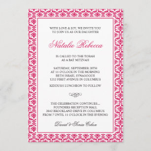 Eleganter rosa Damast-Schläger Mitzvah Einladung
