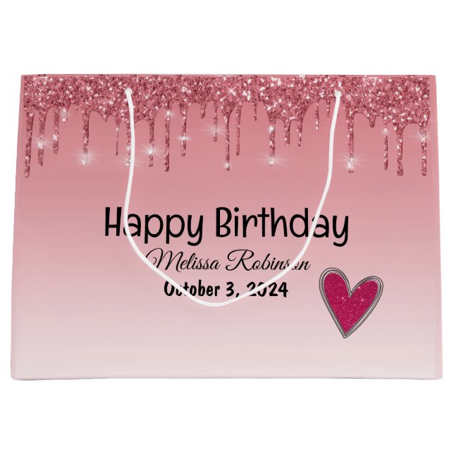 Eleganter Rosa Dripping Glitzer Happy Birthday Große Geschenktüte (Vorderseite)