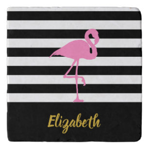 Eleganter rosa Flamingo auf Schwarz und Weiß Strei Töpfeuntersetzer