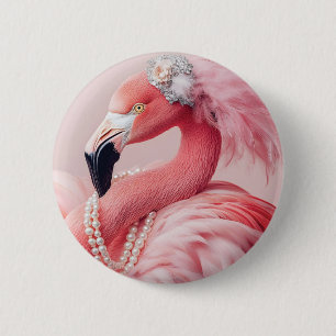 Eleganter rosa Flamingo mit Perlen und Federn Button