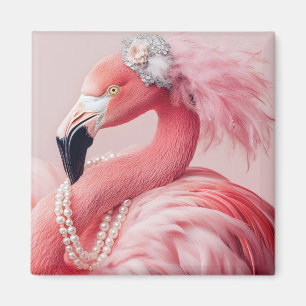 Eleganter rosa Flamingo mit Perlen und Federn Magnet
