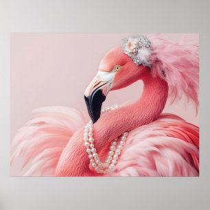 Eleganter rosa Flamingo mit Perlen und Federn Poster
