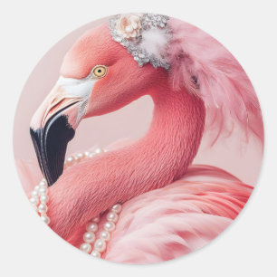 Eleganter rosa Flamingo mit Perlen und Federn Runder Aufkleber